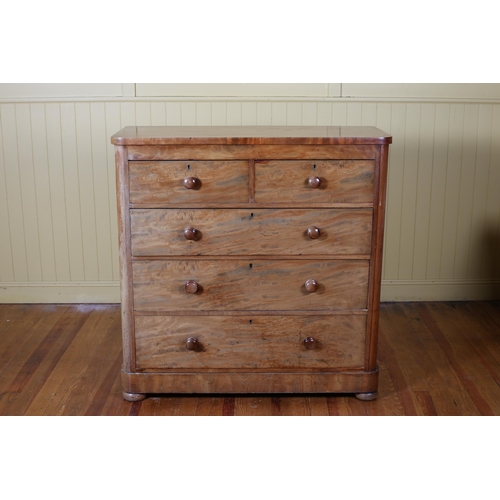 171 - A 19TH CENTURY MAHOGANY CHEST of two short and three long graduated drawers on bun feet 120cm (h) x ... 