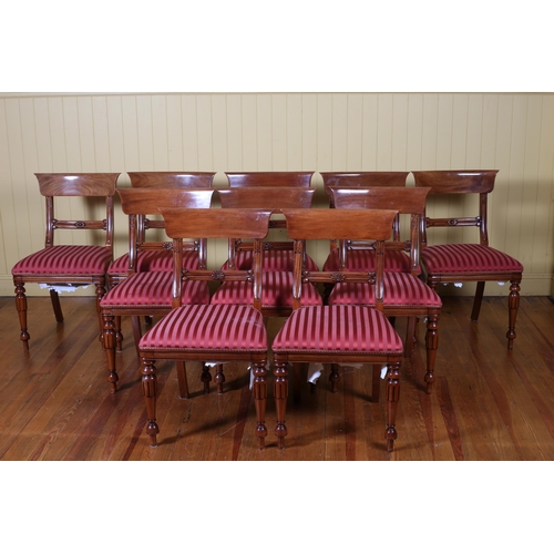 174 - A SET OF TEN WILLIAM IV STYLE MAHOGANY DINING CHAIRS each with a shaped top rail and splat with oval... 