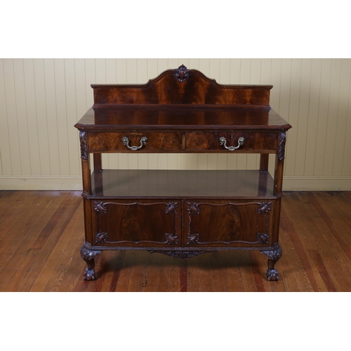 182 - A VINTAGE MAHOGANY DUMBWAITER of rectangular outline the shaped top with carved and moulded back abo... 