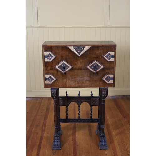 183 - A VINTAGE SPANISH ZEBRA AND STAINED WOOD DROP FRONT WRITING DESK the hinged frieze containing four s... 