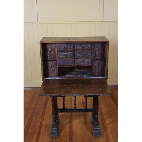 183 - A VINTAGE SPANISH ZEBRA AND STAINED WOOD DROP FRONT WRITING DESK the hinged frieze containing four s... 