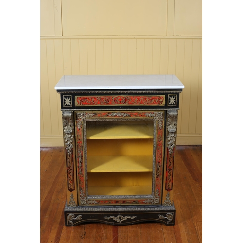 188 - A 19TH CENTURY GILT BRASS AND RED BOULLE INLAID PIER CABINET surmounted by a white veined marble top... 