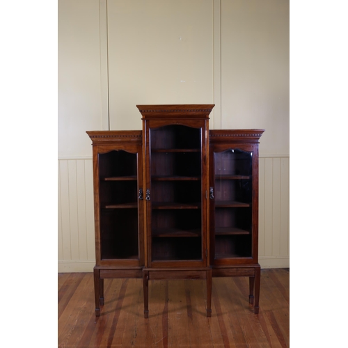 2 - A VINTAGE MAHOGANY BREAKFRONT CHINA DISPLAY CABINET the dentil moulded cornice above three bevelled ... 