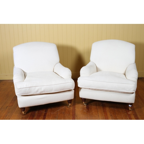 205 - A PAIR OF VICTORIAN DESIGN UPHOLSTERED ARMCHAIRS each with a rectangular shaped back with scroll ove... 