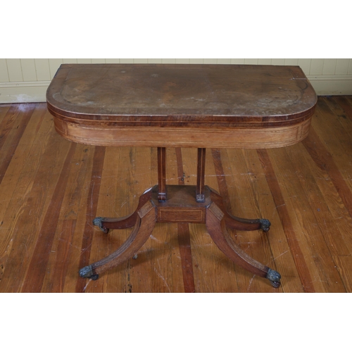 210 - A 19TH CENTURY ROSEWOOD CROSSBANDED FOLDOVER CARD TABLE of rectangular bowed outline with baize line... 