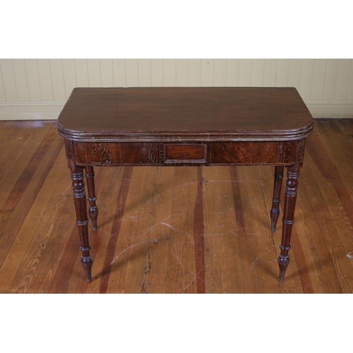 211 - A 19TH CENTURY MAHOGANY FOLDOVER SUPPER TABLE the rectangular hinged top above a moulded apron on ri... 