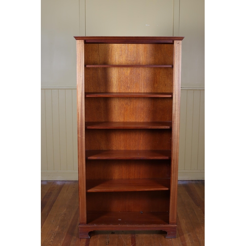 27 - A MAHOGANY INLAID OPEN FRONT BOOKCASE the moulded cornice above six open shelves, five adjustable, o... 