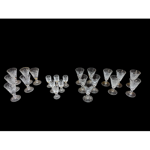 308 - A SET OF SIX WATERFORD CUT GLASS SHERRY GLASSES, a set of six Waterford cut glass liquor glasses, a ... 