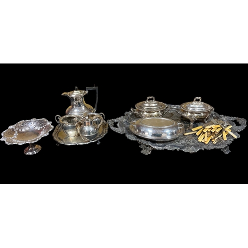 310 - A COLLECTION OF PLATED WARE to include a three piece plated coffee service, a plated entrée dish, a ... 