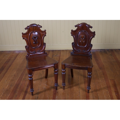 318 - A PAIR OF 19TH CENTURY MAHOGANY HALL CHAIRS each with an armorial carved back and panel seat on balu... 