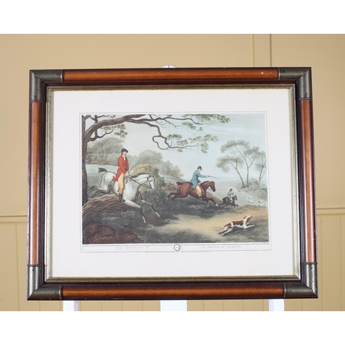 342 - A SET OF FOUR COLOURED HUNTING PRINTS in simulated walnut and brass mounted frames Each 53cm (h) x 6... 