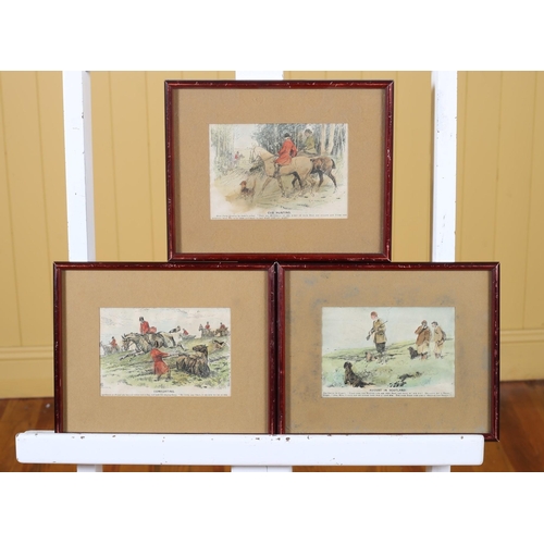 347 - THREE COLOURED ENGRAVINGS Hunting Scenes 12cm (h) x 17cm (w)