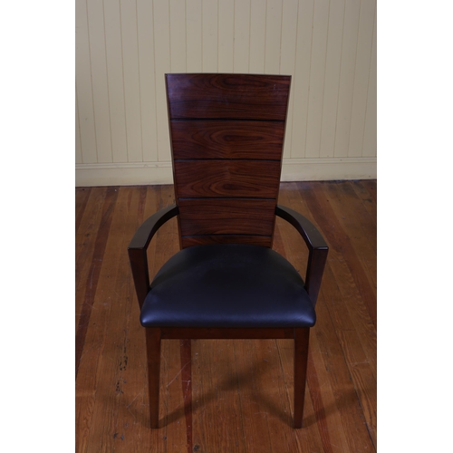 371 - A GIORGIO COLLECTION DESIGNER ROSEWOOD ELBOW CHAIR the rectangular panelled shaped back with hide up... 