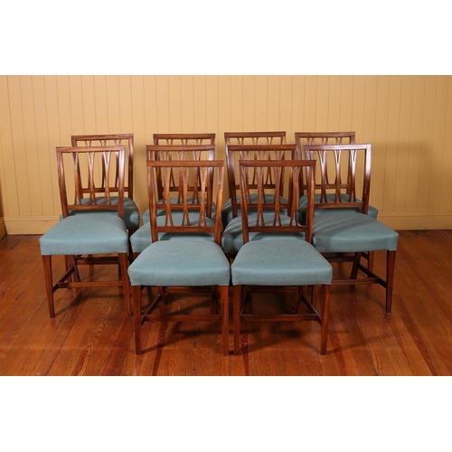 377 - A SET OF TEN GEORGIAN STYLE MAHOGANY FORK BACK DINING CHAIRS each with upholstered seats on square t... 