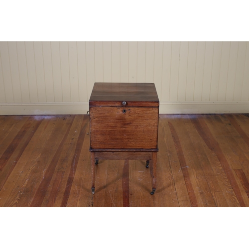 47 - A 19TH CENTURY MAHOGANY CELLARETTE of square outline the hinged lid above a moulded apron on square ... 