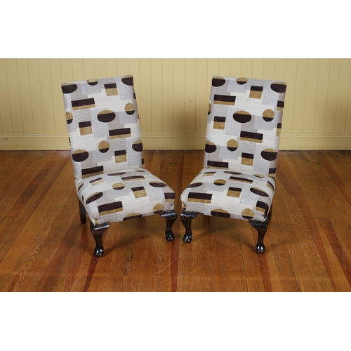 49 - A PAIR OF VINTAGE STAINED WOOD AND UPHOLSTERED BEDROOM CHAIRS each with a rectangular back and seat ... 