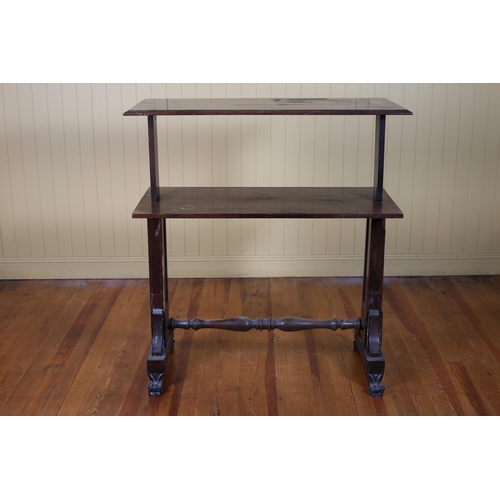 524 - A 19TH CENTURY MAHOGANY TWO TIER DUMBWAITER the rectangular moulded shelves raised on standard end s... 