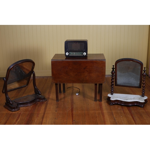 525 - TWO 19TH CENTURY MAHOGANY CRUTCH FRAME MIRRORS, A VINTAGE BAKELITE MULLARD RADIO, A 19TH CENTURY MAH... 