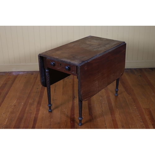 537 - A 19TH CENTURY MAHOGANY DROP LEAF TABLE the rectangular hinged top with frieze drawer on spiral twis... 