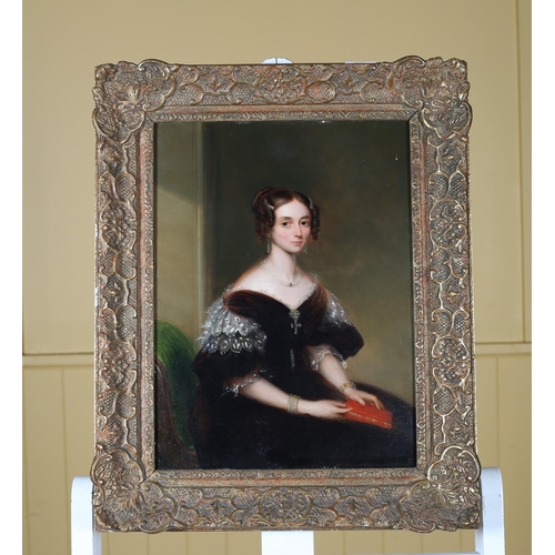 616 - JOHN BRIDGES A Half Length Portrait of a Female Shown Seated in an Interior Scene in a Lace Trimmed ... 