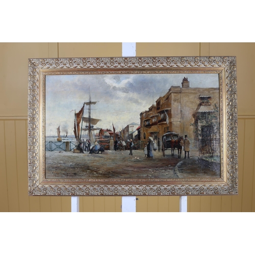 617 - C.J. LAUDER, 19TH CENTURY Quayside with Sailing Boats and Figures Oil on canvas Signed lower left, d... 