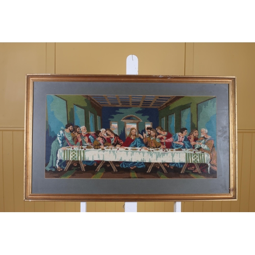 619 - THREE FRAMED TAPESTRIES depicting The Last Supper, Interior Scene with Huntsman, etc. (3) together w... 