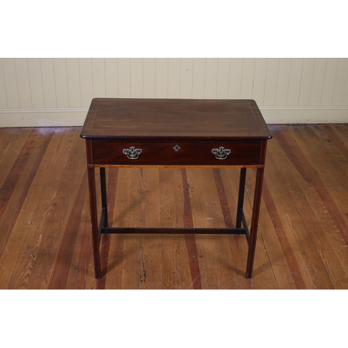 9 - A GEORGIAN MAHOGANY AND SATINWOOD INLAID OCCASIONAL TABLE of rectangular outline with frieze drawer ... 