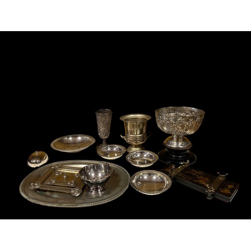 604 - A MISCELLANEOUS COLLECTION to include a silver embossed bowl on stand, a collection of plated ware t... 