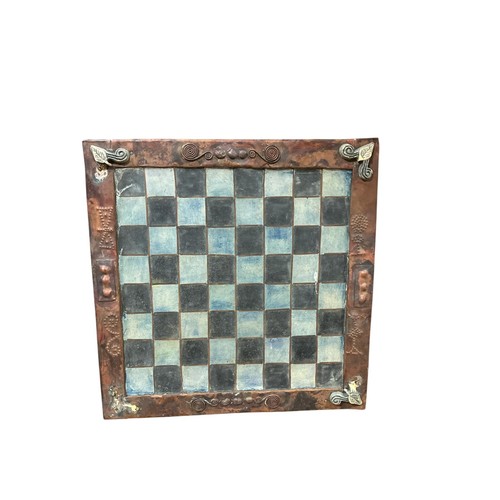 686 - A MISCELLANEOUS COLLECTION TO INCLUDE A BATIK, CHESS BOARD, a needlework wall tapestry, brass fuel b... 