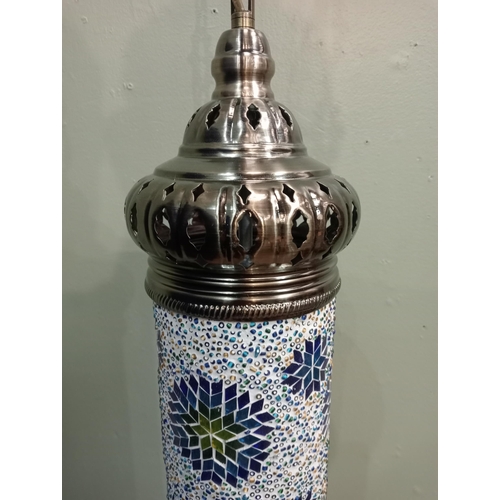 325 - A MOSAIC MOROCCAN STYLE HANGING LIGHT of cylindrical form with pierce white metal corona and link ch... 