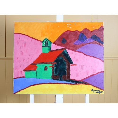 465 - STUDY OF A CHURCH Oil on canvas Indistinctly signed lower right 62cm (h) x 77cm (w), THREE FRAMED TA... 