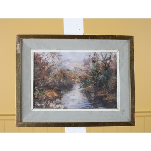 140 - DEIRDRE O'DONNELL River Flowing into Lough Dan Co. Wicklow Oil on board Signed lower right 15cm (h) ... 