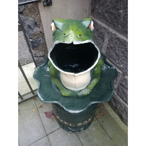 354 - A CAST IRON BIN modelled as a frog with leaf shaped dish above a rustic base inscribed 'peel box' 90... 