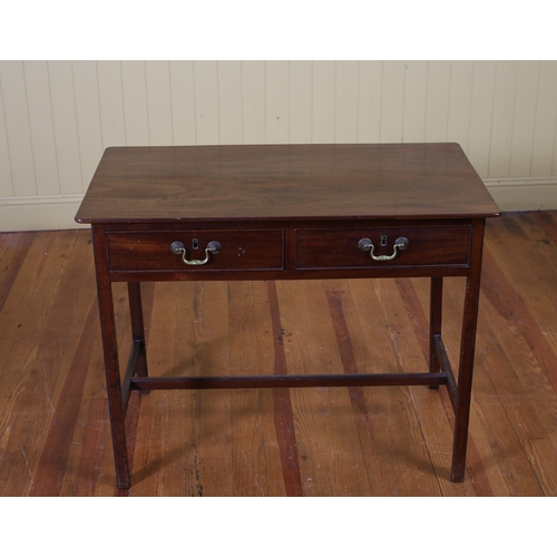 401 - A GEORGIAN MAHOGANY SIDE TABLE of rectangular outline with two frieze drawers and brass drop handles... 