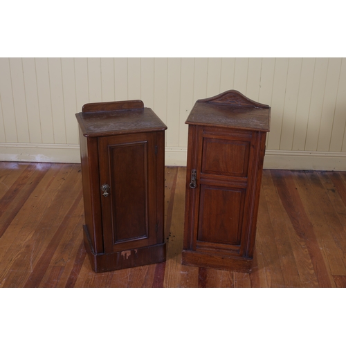 413 - TWO VINTAGE MAHOGANY PEDESTALS each of rectangular outline the shaped tops with cupboards on platfor... 