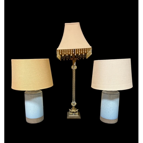 426 - A PAIR OF GLAZED POTTERY TABLE LAMPS each of cylindrical form with shades 58cm (h) together with A C... 