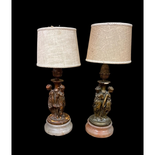 427 - A PAIR OF CONTINENTAL GILT PLASTER AND ONYX TABLE LAMPS each with a figural column above a circular ... 