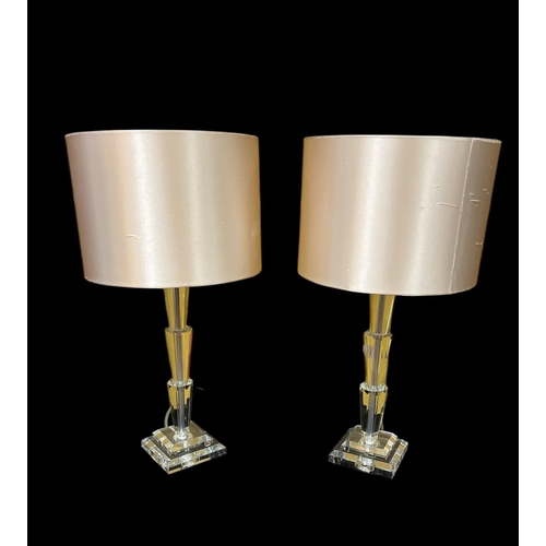 434 - A PAIR OF CONTEMPORARY GLAZED TABLE LAMPS each with a faceted stepped column above a square stepped ... 