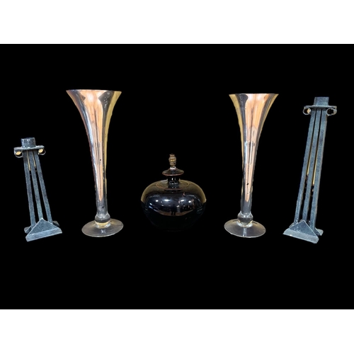 438 - A GLAZED POTTERY TOLEWARE TABLE LAMP of bulbous form, TWO ALFRANK CANDLESTICKS, etc. (5)