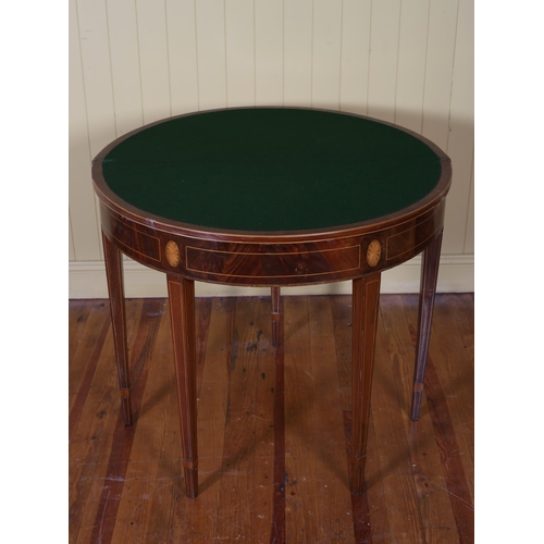 45 - A 19TH CENTURY MAHOGANY AND SATINWOOD INLAID FOLDOVER CARD TABLE of demi lune outline the hinged top... 