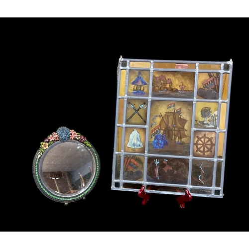 450 - A LEAD GLASS AND COLOURED GLASS HANGING SCREEN depicting nautical subjects 45cm (h) x 36cm (w) toget... 