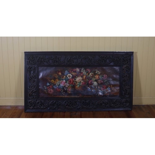 495 - CONTINENTAL SCHOOL Still Life, Flowers in a Bowl on a Ledge in carved wood frame 95cm (h) x 172cm (w... 