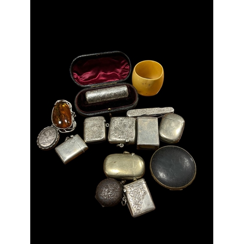 610 - A COLLECTION OF SILVER to include a silver engraved perfume bottle with glass liner in original case... 