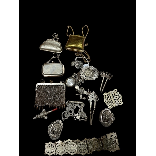 612 - A MISCELLANEOUS COLLECTION to include two silver evening purses, a mesh purse, a Victorian child's s... 