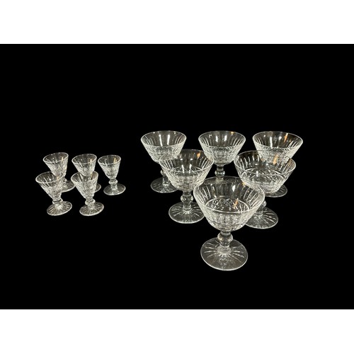 484 - A SET OF SIX WATERFORD CUT GLASS CHAMPAGNE COUPE GLASSES, five Waterford cut glass shot glasses (11)