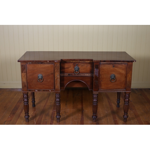 264 - A WILLIAM IV MAHOGANY SIDEBOARD of breakfront outline the shaped top with two frieze drawers flanked... 