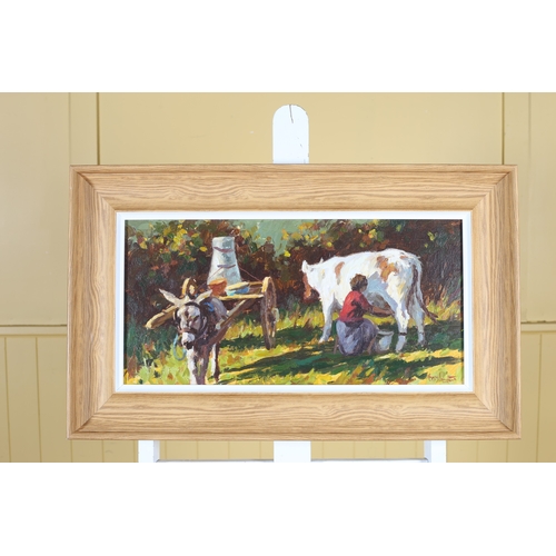 137 - D.M. NAUGHTON Milking Time Oil on board Signed lower right 26cm (h) x 54cm (w)