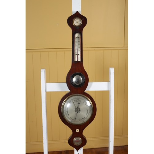 317 - A 19TH CENTURY MAHOGANY BANJO BAROMETER AND THERMOMETER the shaped case containing silvered dials ce... 