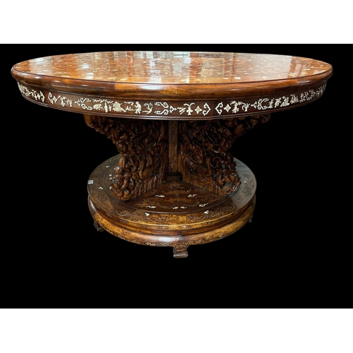 337 - A VERY FINE 19TH CENTURY CHINESE ROSEWOOD INLAID TABLE of circular outline the shaped top profusely ... 