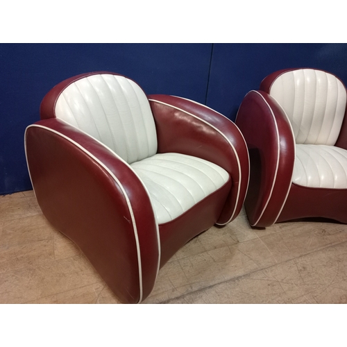 363 - A PAIR OF RETRO RED AND WHITE RIBBED TUB SHAPED ARMCHAIRS the rectangular arched backs with shaped a... 